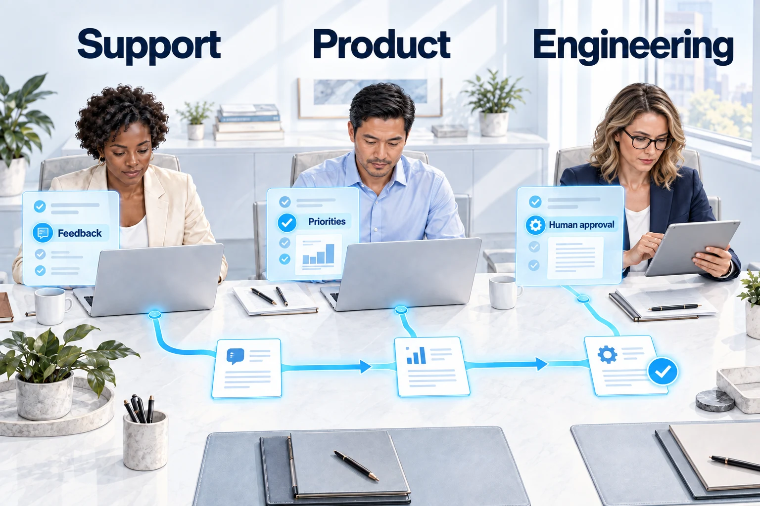 Support, product, and engineering connected through feedback, priorities, and human approval.