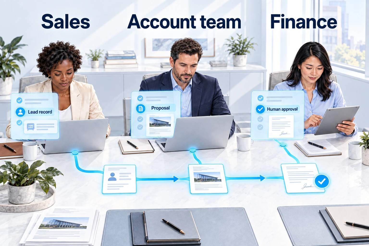 Sales, account team, and finance connected through lead records, proposals, and human approval.
